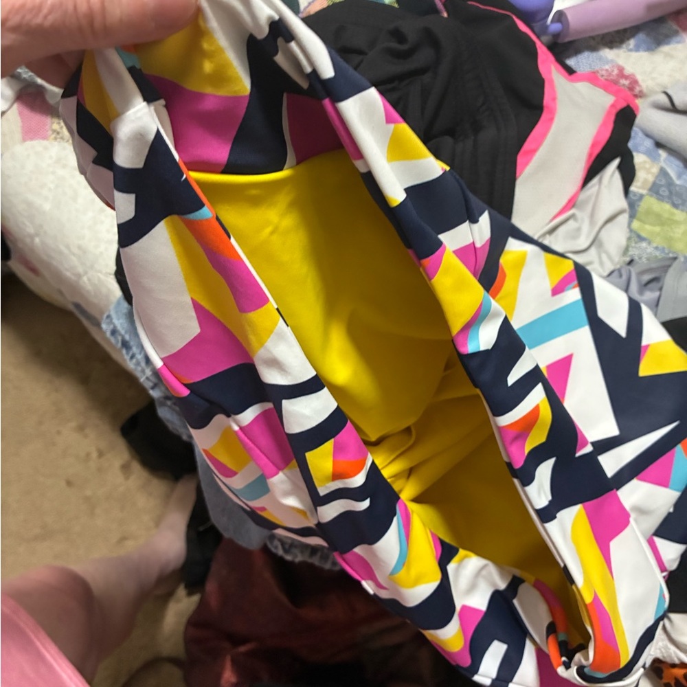 Lucky in Love Colorblock Geometric One-Piece Swimsuit - Yellow Pink Teal Navy